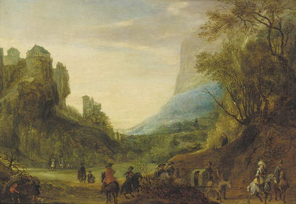 Detail of Alpine landscape with travellers in a valley by Peeter Snayers