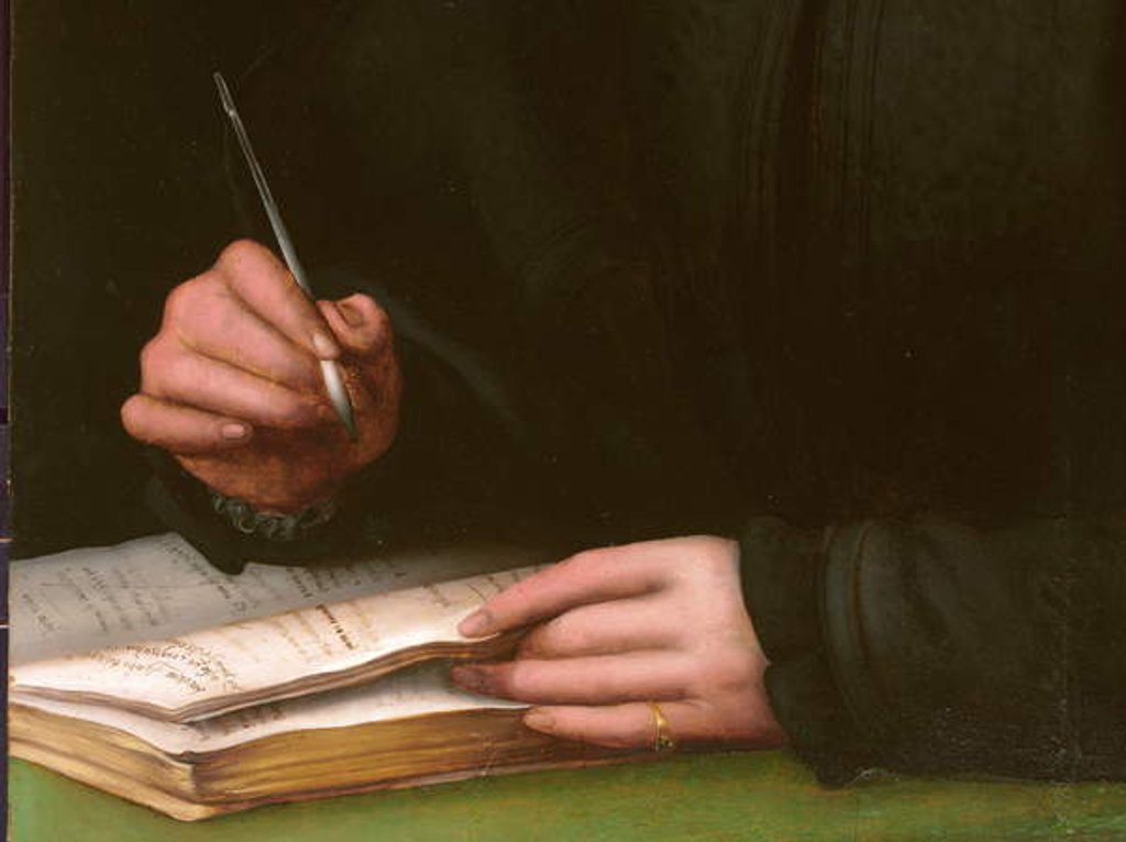 Detail of Portrait of a young man with a book by Agnolo di Cosimo Bronzino