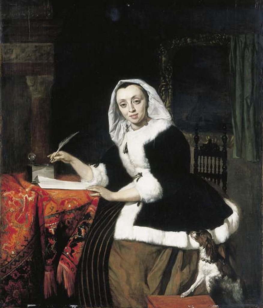Detail of An elegant lady writing at her desk, with a dog beside her by Gabriel Metsu