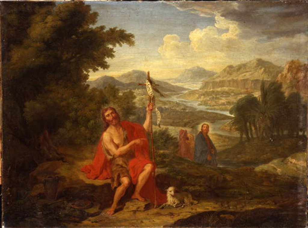 Detail of Saint John the Baptist in the wilderness indicating Christ, the River Jordan beyond, 1759 by Antoine Favray