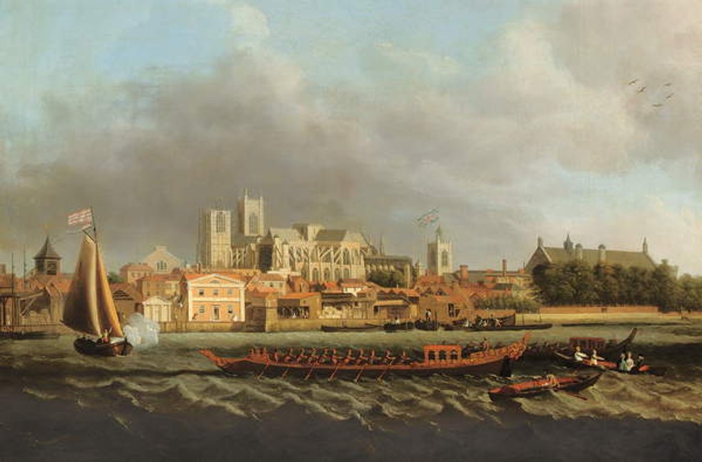 Detail of View of Westminster from Lambeth with a royal barge in the foreground by Samuel Scott