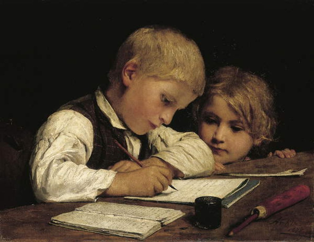 Detail of Boy writing with his sister, 1875 by Albert Anker