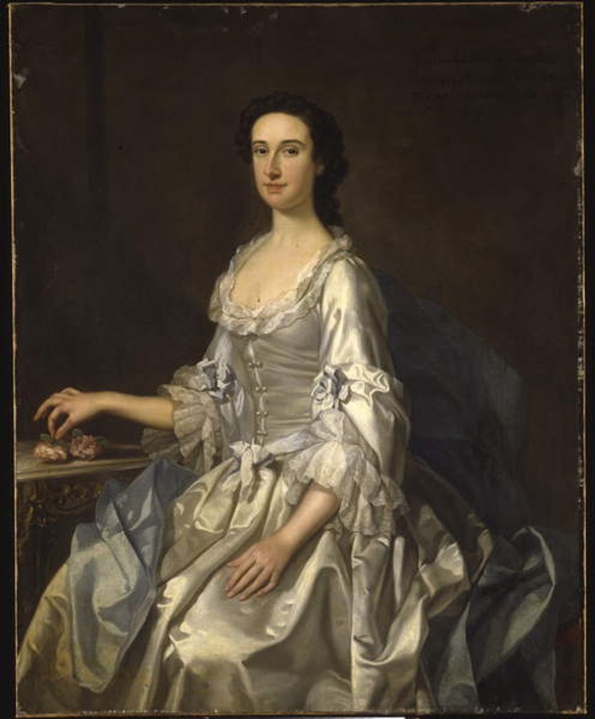 Detail of Mary, wife of Henry, 7th Lord Arundell of Wardour, in a grey satin dress, holding roses by a table by George Knapton