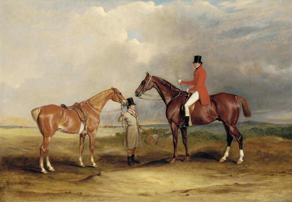 Detail of Portrait of John Drummond on a hunter with a groom holding his second horse, in a landscape, a hunting party beyond, 1831 by John E. Ferneley
