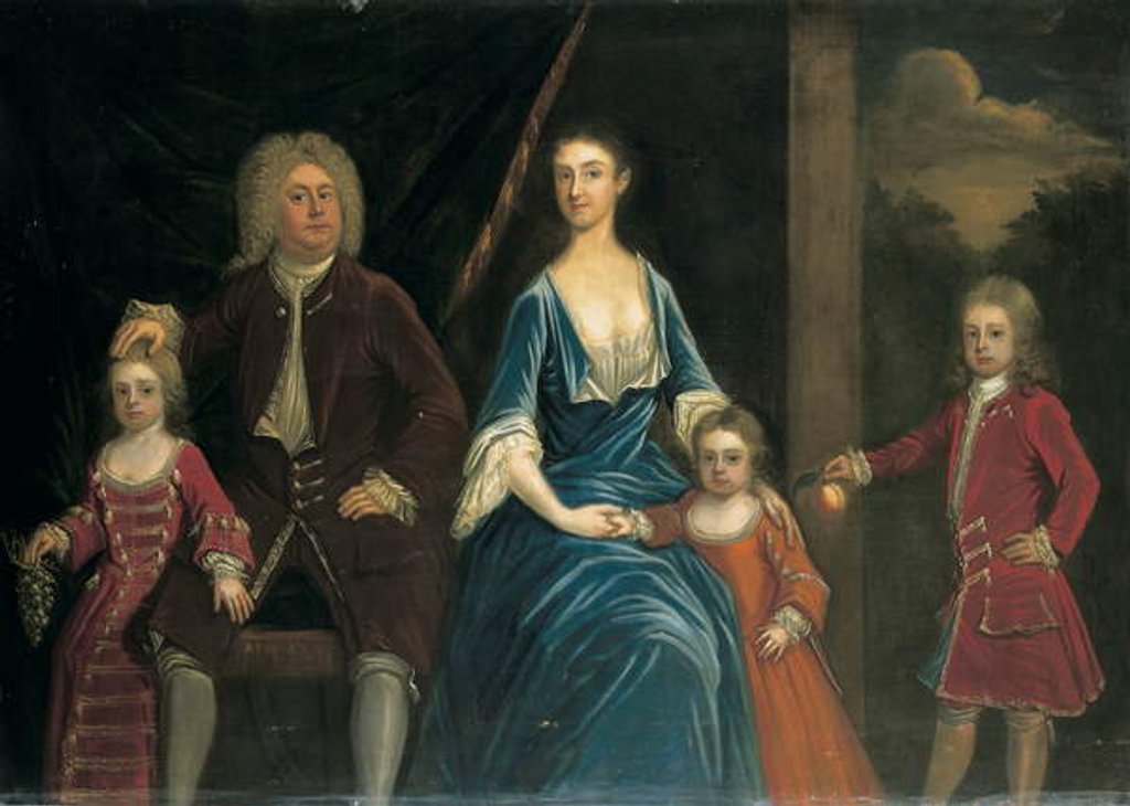 Detail of Group portrait of Henry, 5th Lord Arundell of Wardour and his wife Elizabeth, together with their children, in an interior, a landscape beyond by James Francis Maubert