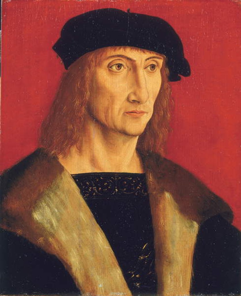 Detail of Portrait of a man wearing a fur-lined coat, gold chain and a black beret, before a red background by Jakob Elsner