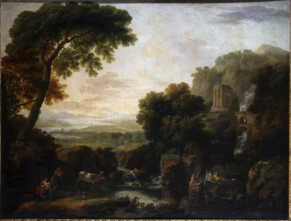 Detail of Italianate landscape with a capriccio view of Tivoli, a shepherd and shepherdess and cattle by George the Elder Barret