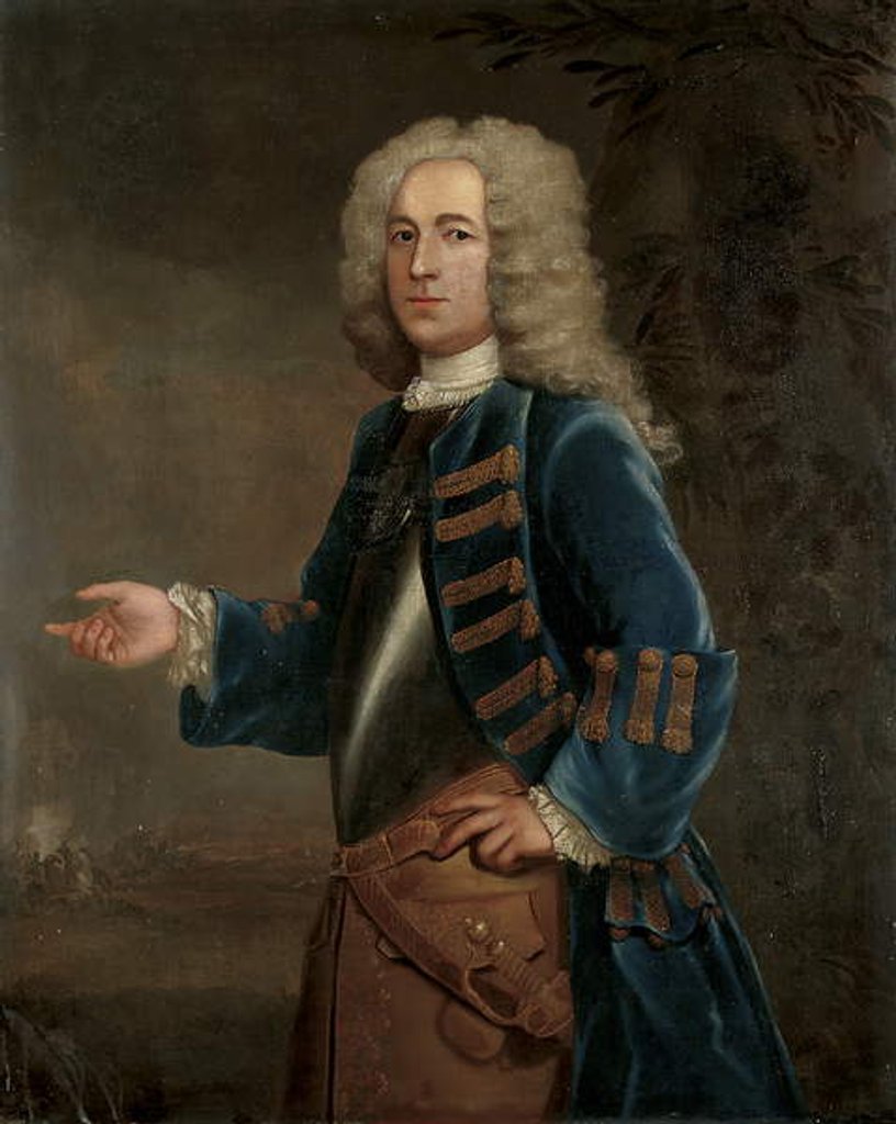 Detail of Portrait of Henry Boyle, Captain of Horses, in a landscape, with a battle beyond, 1730 by Anthony Lee