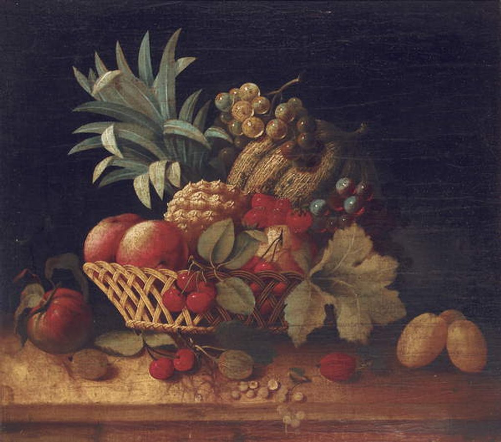 Detail of Grapes, plums, cherries, peaches, an apple, a pineapple, and a melon, in a wicker basket by Charles Lewis