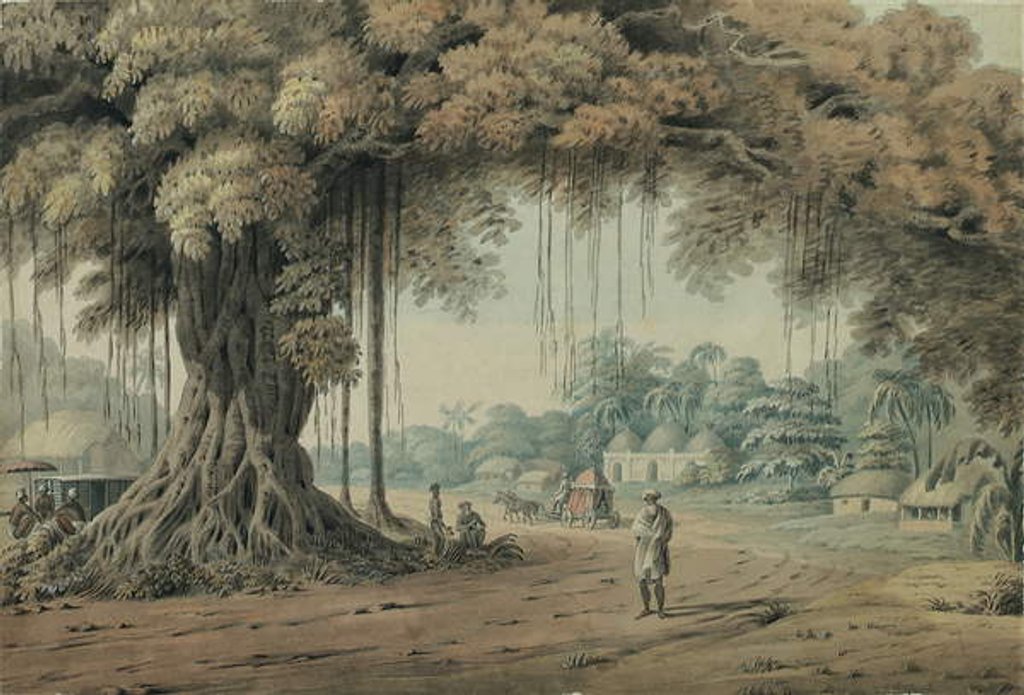 Detail of Palanquin bearers and holy men resting beneath a banyan tree at the entrance to a village, Bengal by Hubert Cornish