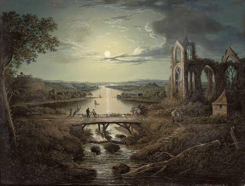 Detail of Moonlit view of the River Tweed with Melrose Abbey in the foreground and figures on a bridge by Abraham (attr. to) Pether
