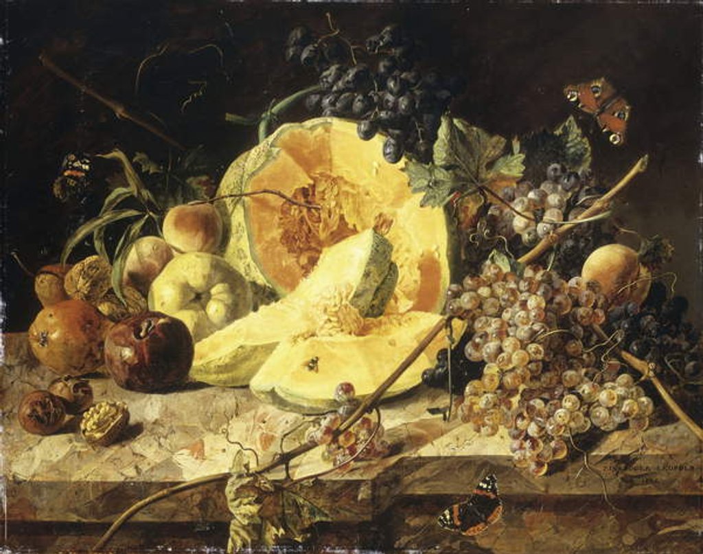Detail of A Still Life with fruit, nuts and insects, 1835 by Leopold Zinnogger