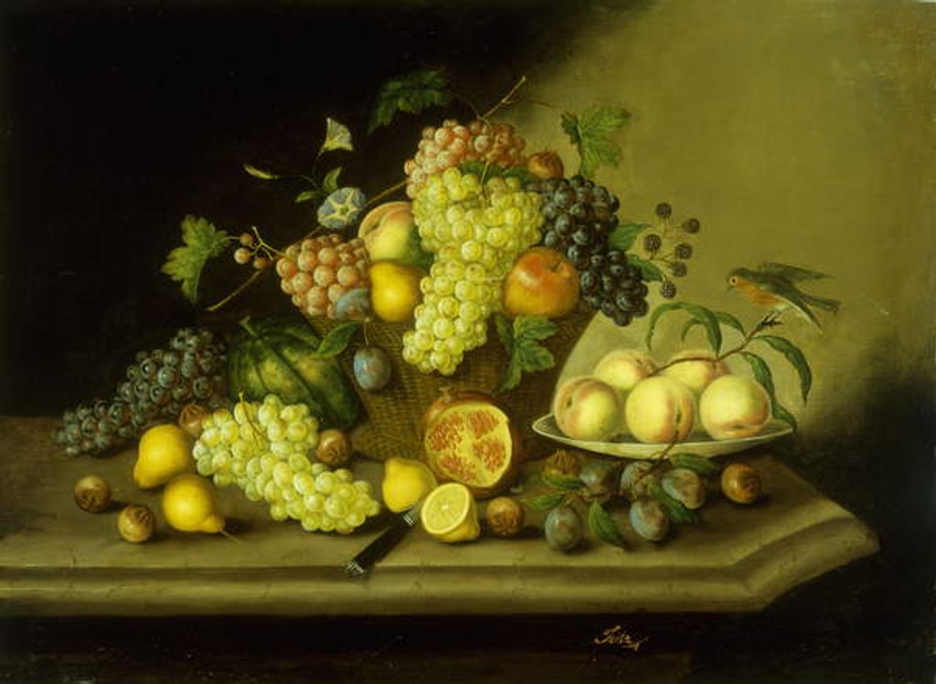 Detail of A Still Life with a Basket of Grapes and Mixed Fruit on a Stone Ledge by Georg Seitz
