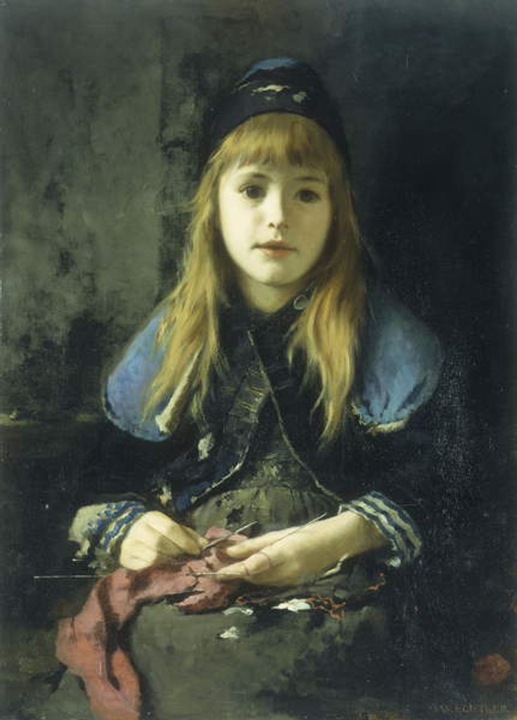 Detail of A Young Girl Knitting by Adolf Echtler