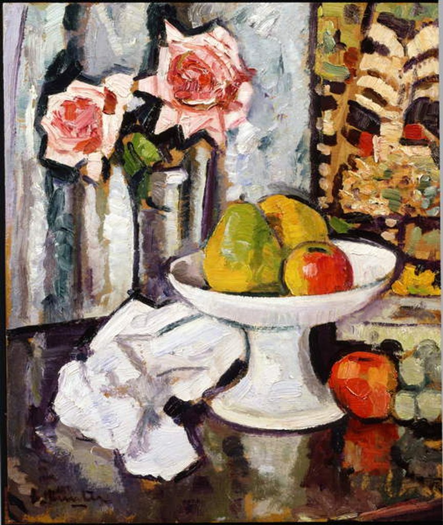 Detail of Still life with bowl of fruit and a vase of pink roses by George Leslie Hunter