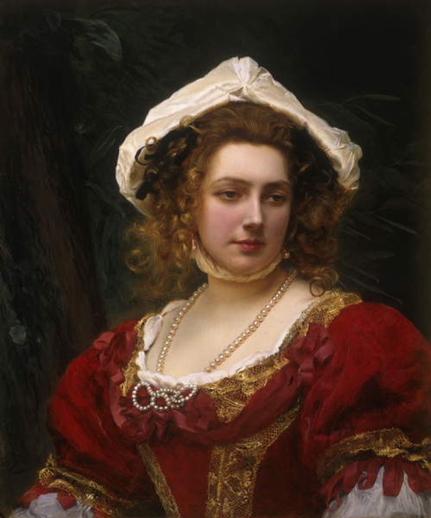 Detail of Portrait of an Elegant Lady in a Red Velvet Dress by Gustave Jacquet