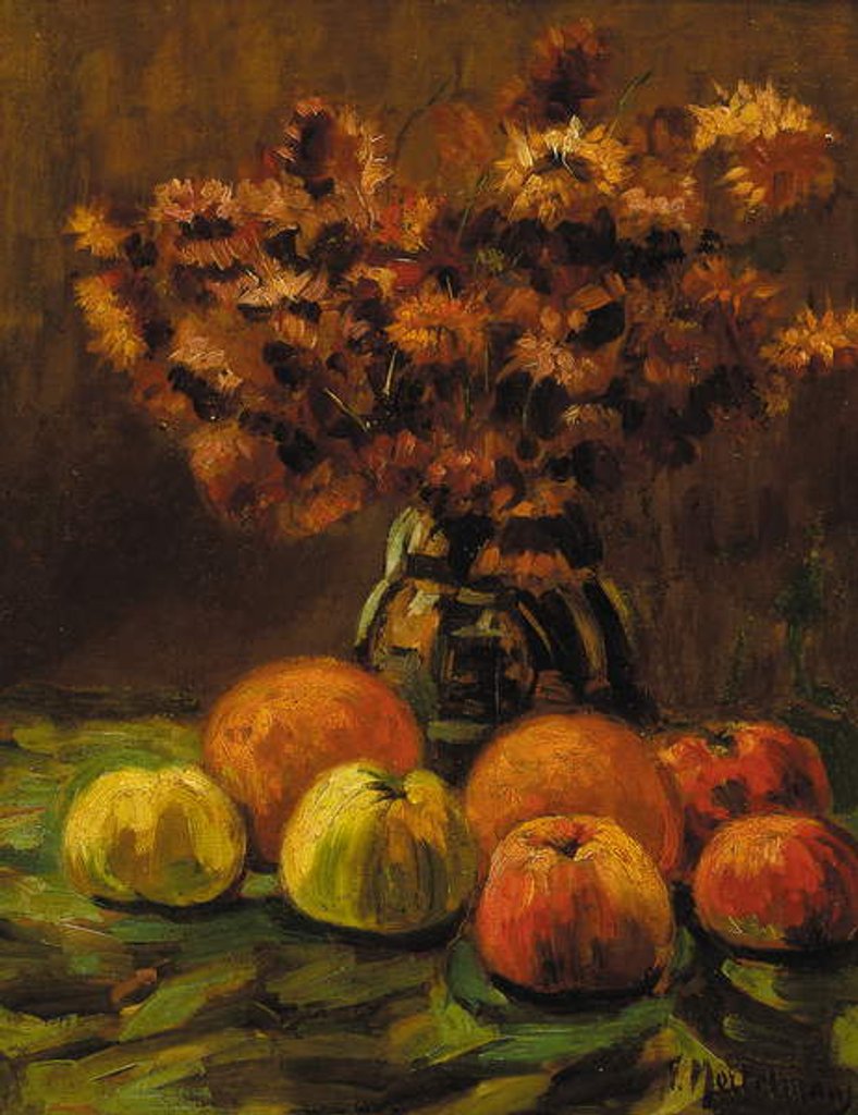 Detail of Apples, oranges and a vase of flowers on a table by Frans Mortelmans