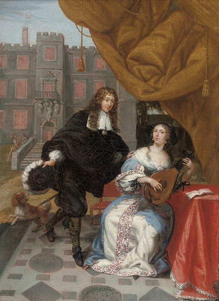 Detail of A gentleman courting a lady music making in a courtyard, 1668 by Jacob de Fourmentrou