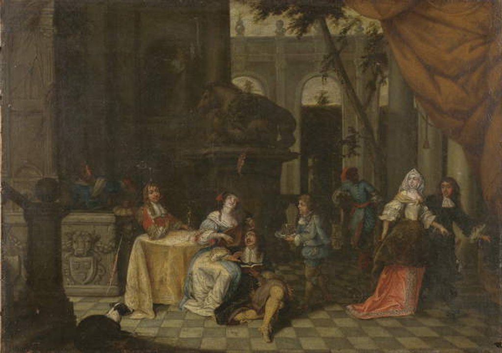Detail of Elegant company on a terrace, 1669 by Hieronymus Janssens