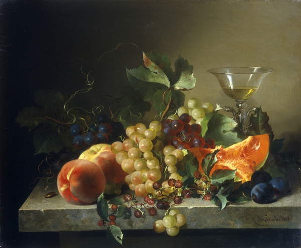 Detail of A still life with fruit on a stone ledge, 1858 by Bela Schaffer