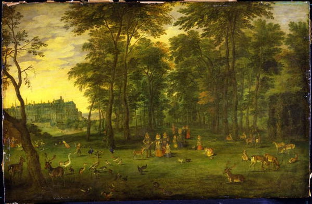 Detail of Archduke Albrecht VII of Austria and Archduchess Isabella Clara Eugenia walking in the park of the royal castle in Brussels, 1621 by Jan the Younger Brueghel