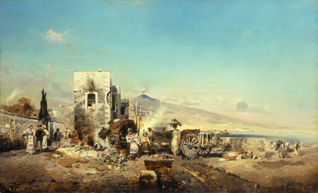 Detail of A Neopolitan Village with Vesuvius in the Distance, 1889 by Robert Alott