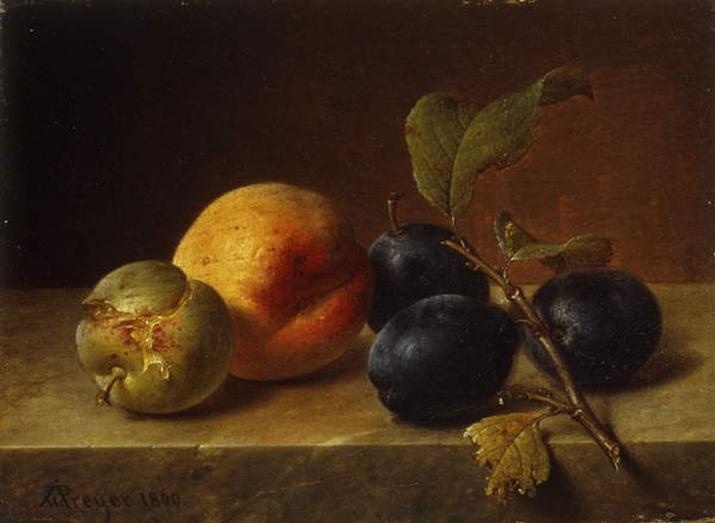 Detail of A Peach and Plums on a Marble Ledge, 1860 by Johann Wilhelm Preyer