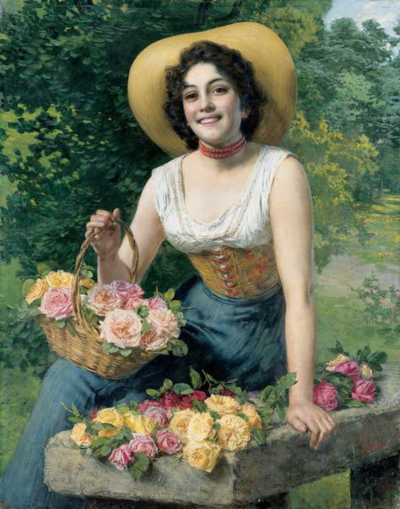Detail of A beauty holding a basket of roses by Gaetano Bellei
