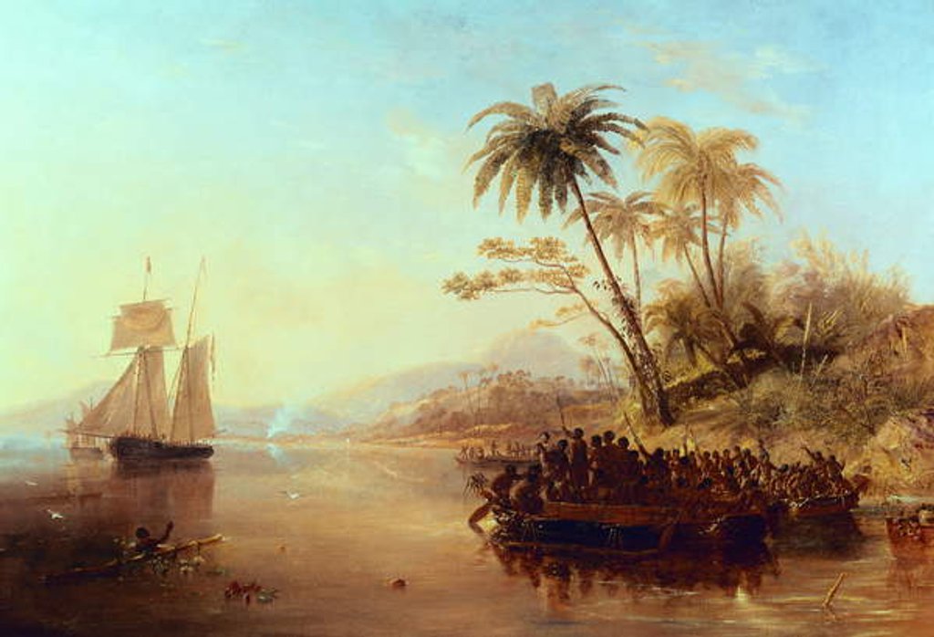 Detail of A British Surveying Ship in the South Pacific Greeted by Islanders in Outrigger Canoes, c.1840 by John Wilson Carmichael