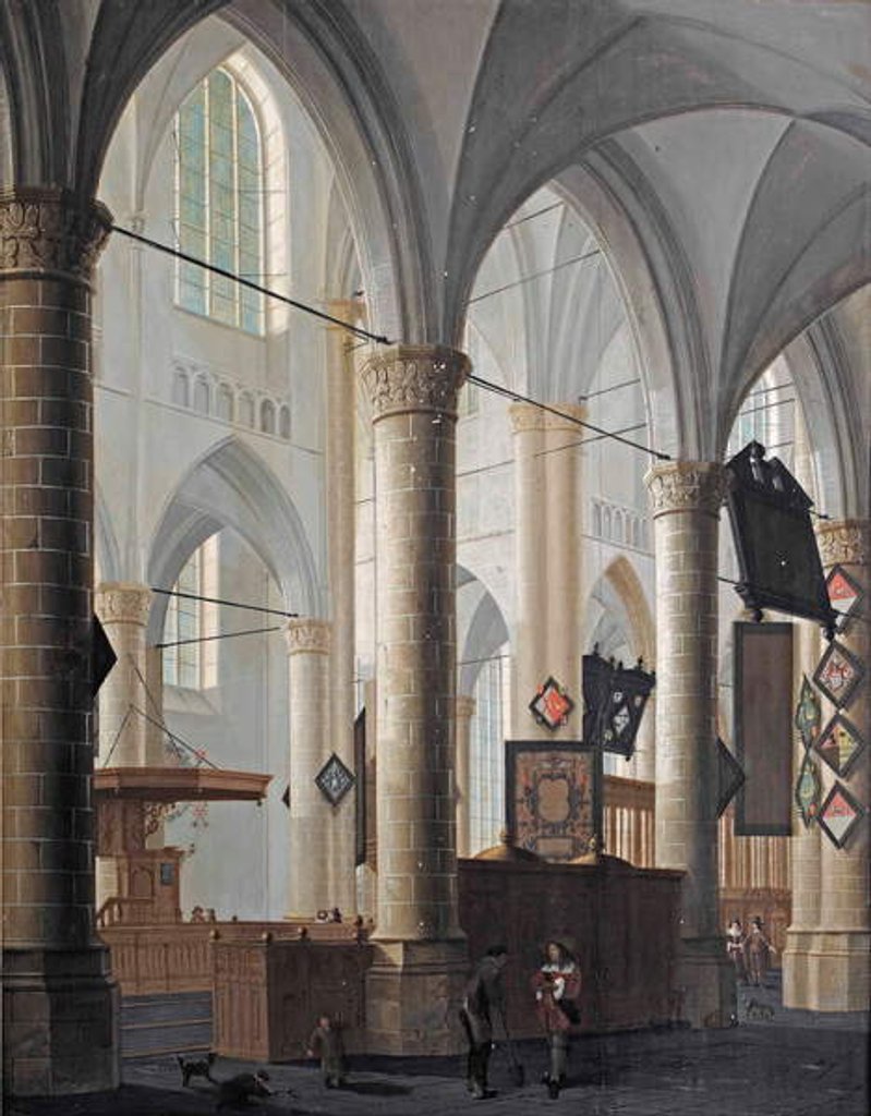 Detail of The interior of the Grote Kerk in Dordrecht, with figures conversing and children playing by Daniel de Blieck