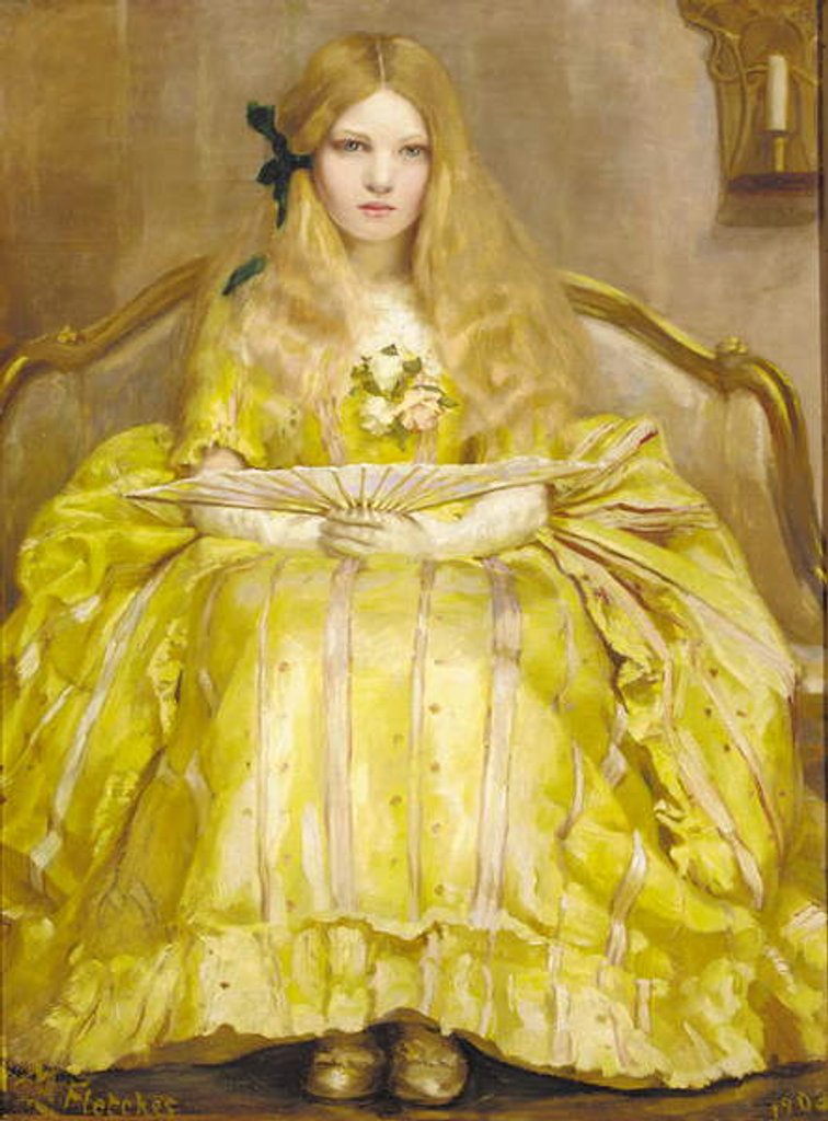 Detail of Portrait of a girl, small full-length, in a yellow dress, holding a fan, in an interior, 1903 by Margaret Fletcher