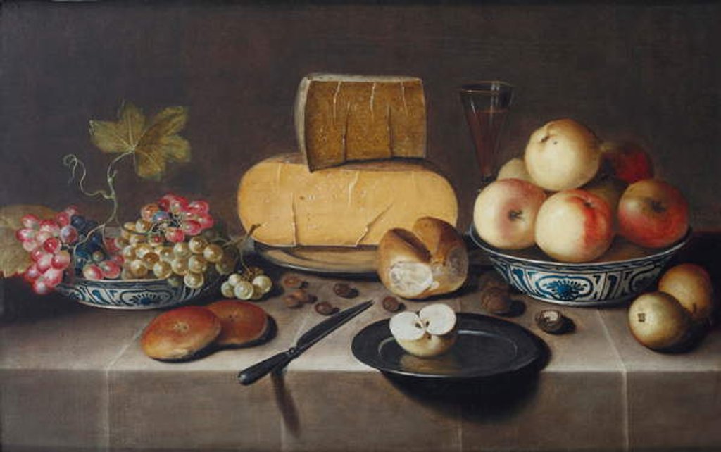 Detail of Cheese on a silver plate, red and white grapes and apples in porcelain Wanli bowls, bread rolls, a knife and a sliced apple on a plate, all on a draped table, 1626 by Roloef Koets