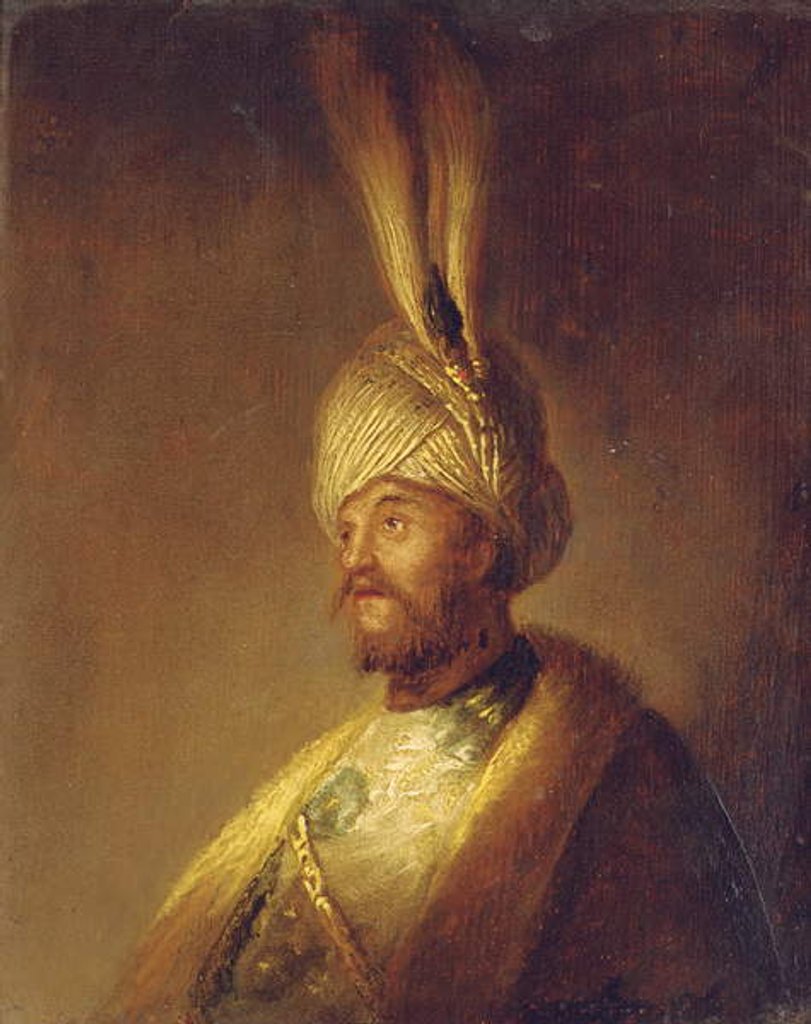 Detail of Portrait of a man, bust-length, in a turban with a feather by Gerrit or Gerard (follower of) Dou