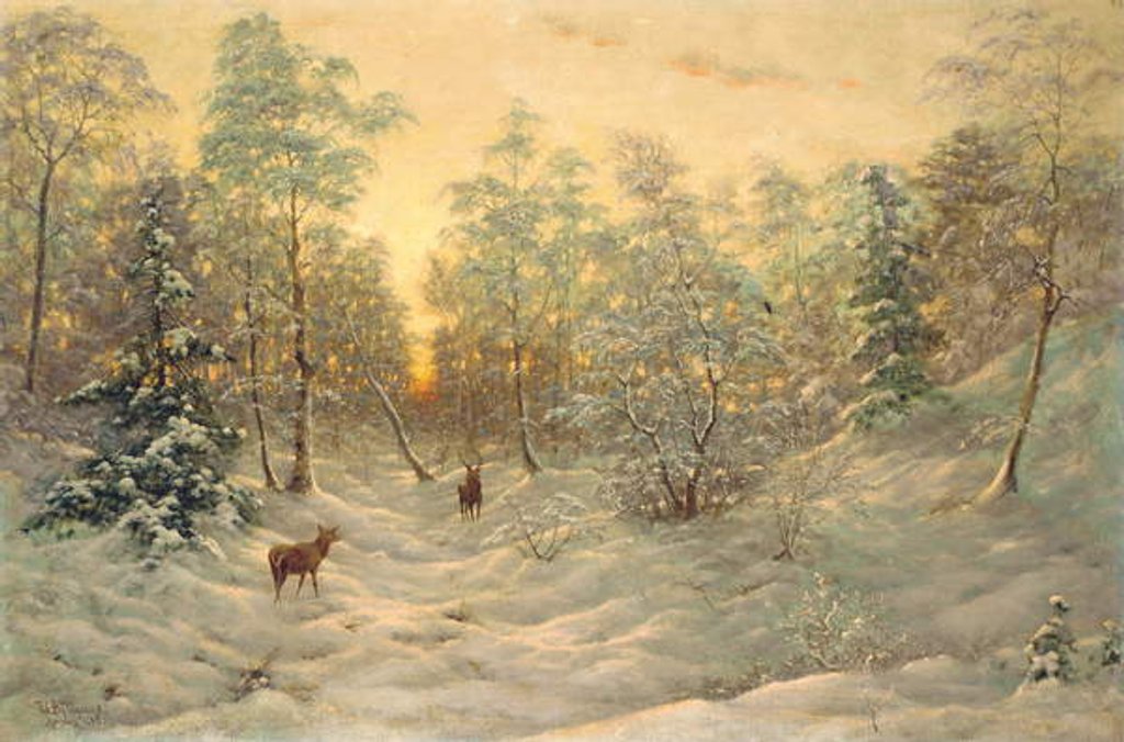 Detail of Deer in a snowy landscape at dusk by Ivan Fedorovich Choultse