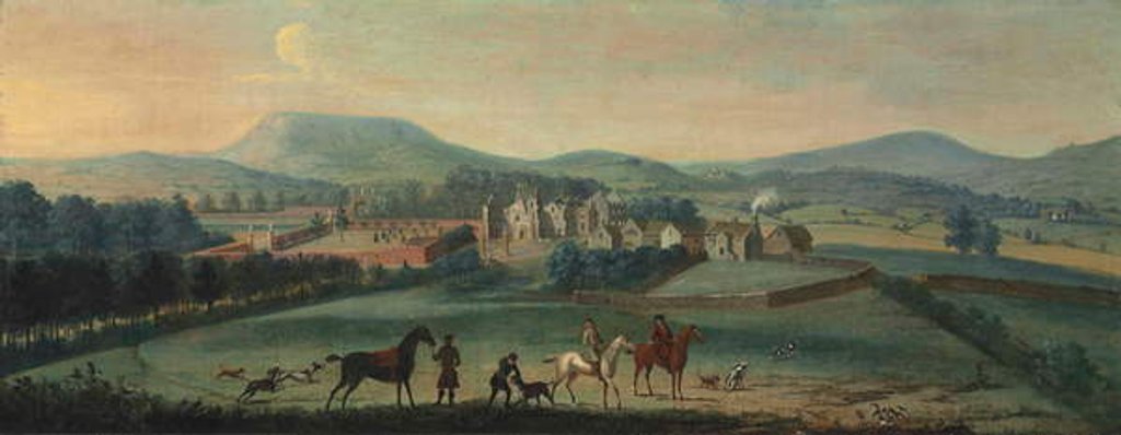 Detail of A view of the ruined Westby Hall, Yorkshire, with a hunting party in the foreground by Robert Griffier