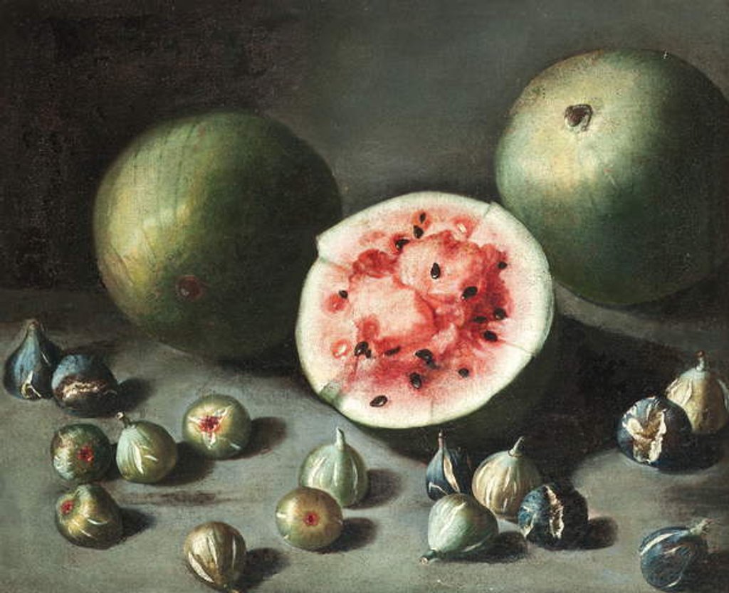 Detail of Watermelons and figs on a stone ledge by Neapolitan School