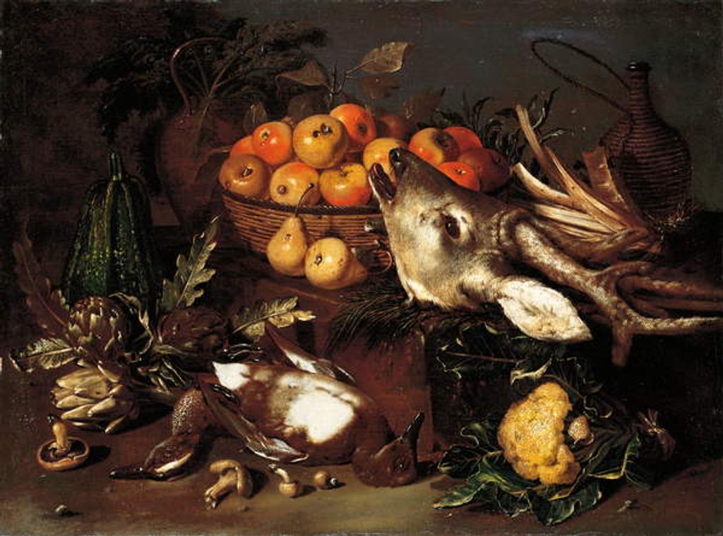 Detail of Mushrooms, artichokes, a basket of apples and a cabbage with dead game on a ledge by Salini Pseudo