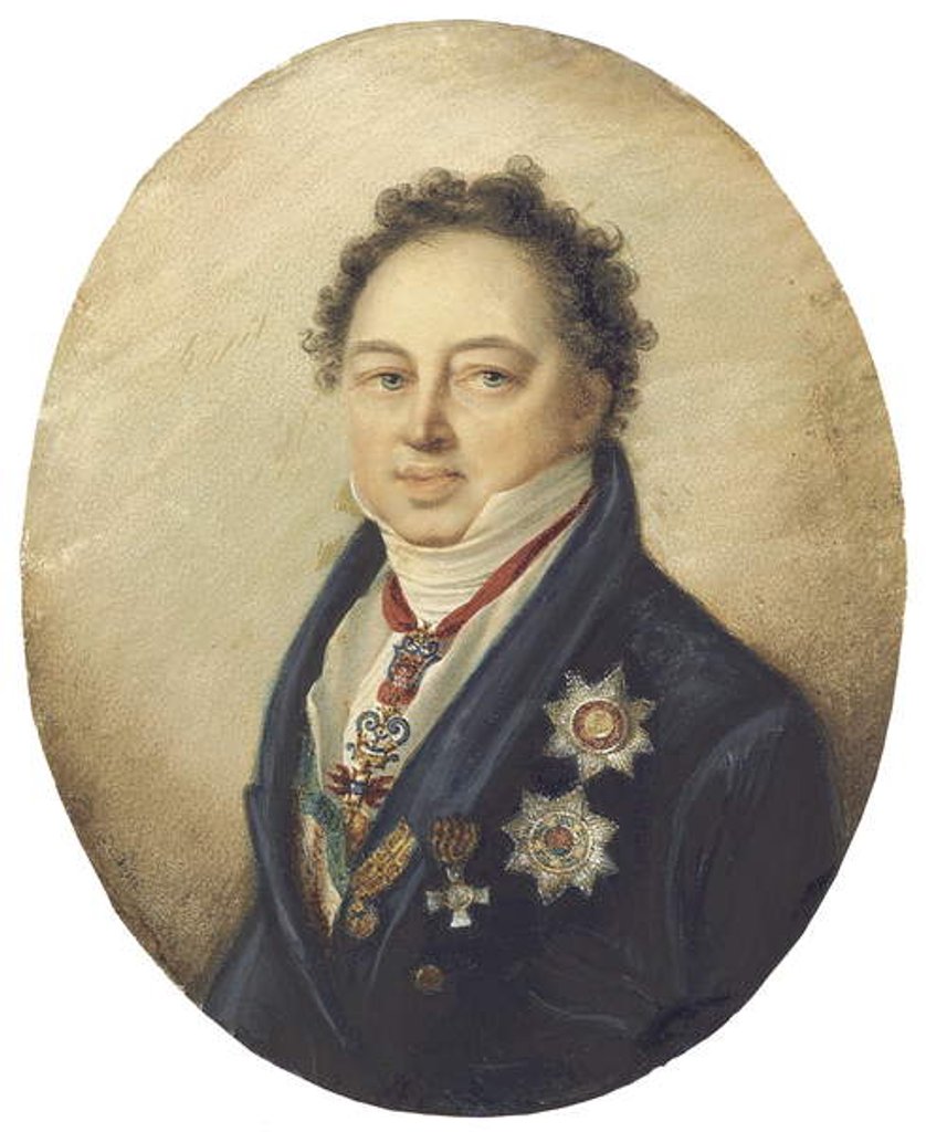 Detail of Count Dmitry Pavlovich Tatishchev, facing left in blue coat, white waistcoat and stock, 1826 by Giovanni Domenico Bossi