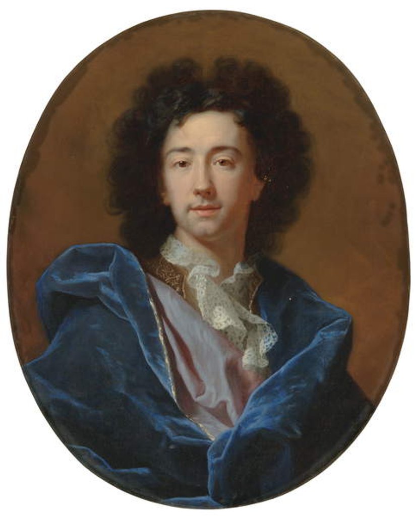 Detail of Portrait of the artist, bust-length, in a lace cravat and blue cloak by Hyacinthe Francois Rigaud