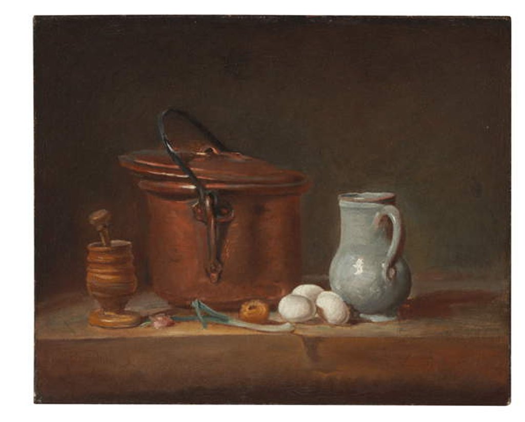 Detail of A copper saucepan, a pestle and mortar, a pitcher, a scallion, eggs and an onion on a shelf by Jean-Baptiste Simeon Chardin