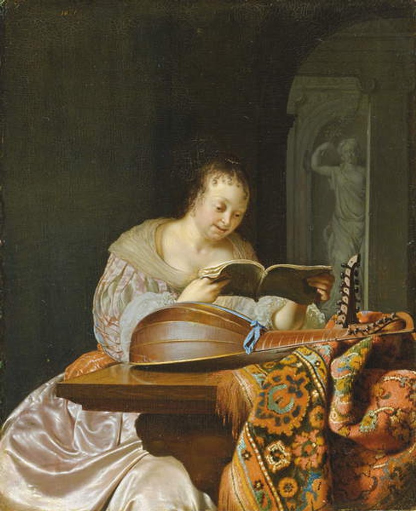 Detail of An interior with a woman reading music at a partially draped table with a double-head lute, 1671 by Frans van Mieris
