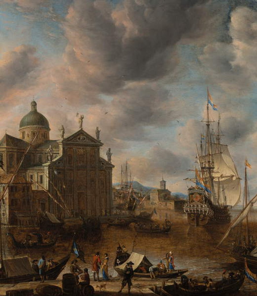 Detail of A Mediterranean 'capriccio' harbour with figures conversing on a quay and a Dutch three-master mooring beyond, 1665 by Jan Beerstraten