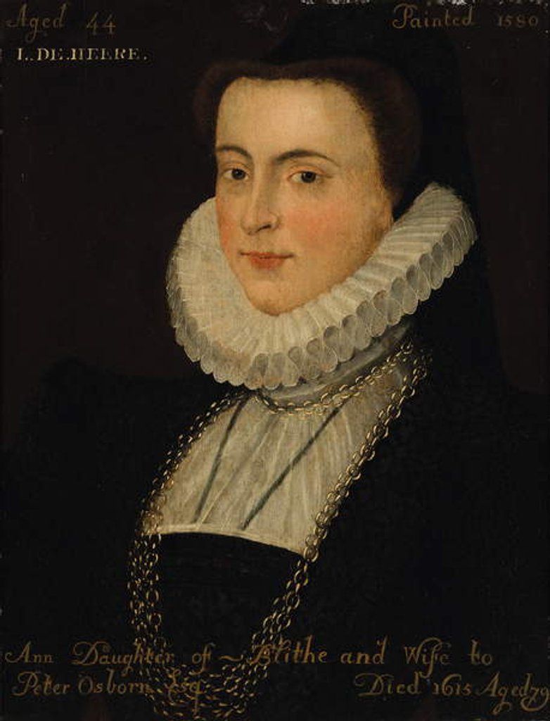 Detail of Portrait an Anne Blythe, wife of Peter Osborn, bust-length, in a black dress with a ruff and gold chain by English School
