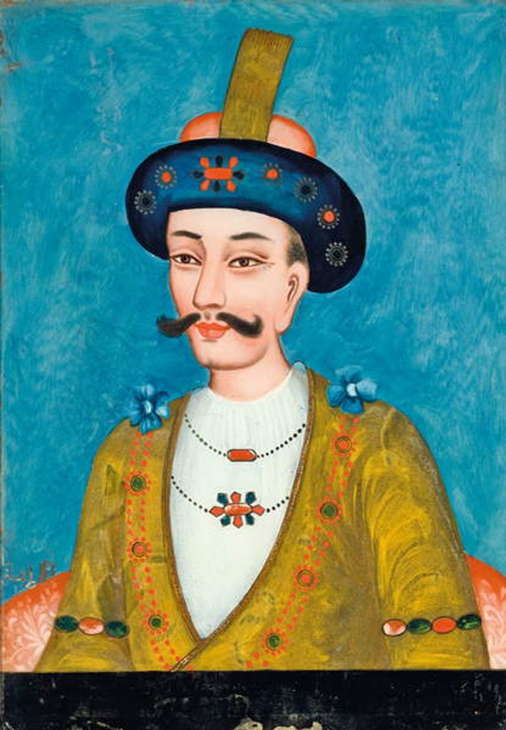 Detail of Reverse glass painting of a turbanned noble, from India or China for the Indian market by Asian School