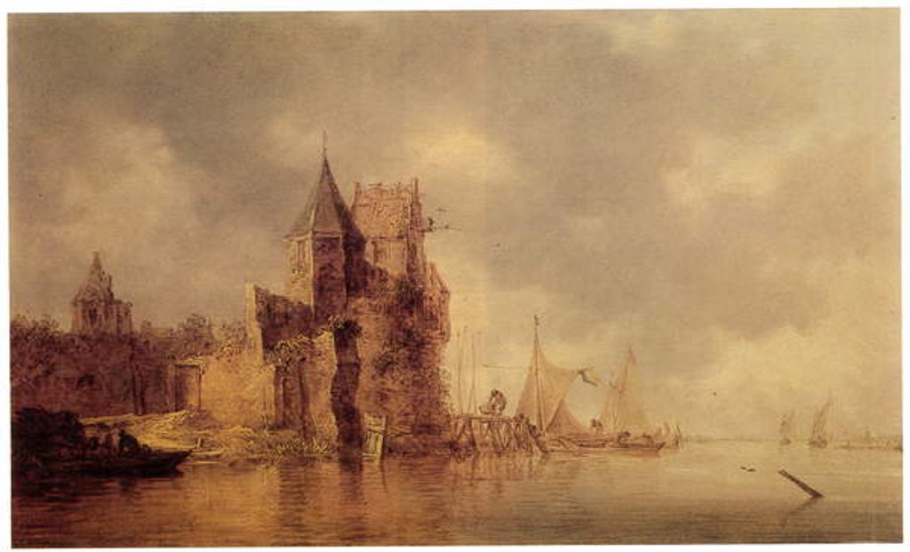 Detail of A medieval tower on a castle rampart with sailing ships at a jetty and a rowing boat in the foreground, c.1642 by Jan Josephsz van Goyen