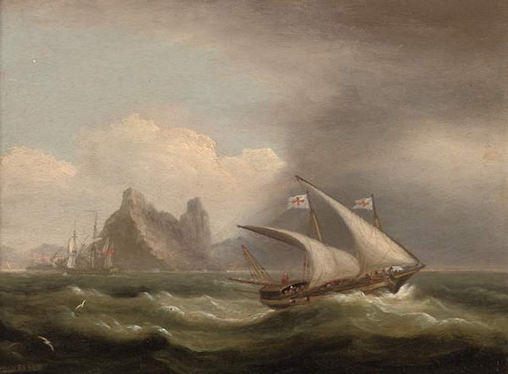 Detail of An armed Xebec in the Mediterranean, a British frigate off her stern and running past a rocky coastlibne, 1822 by Thomas Luny