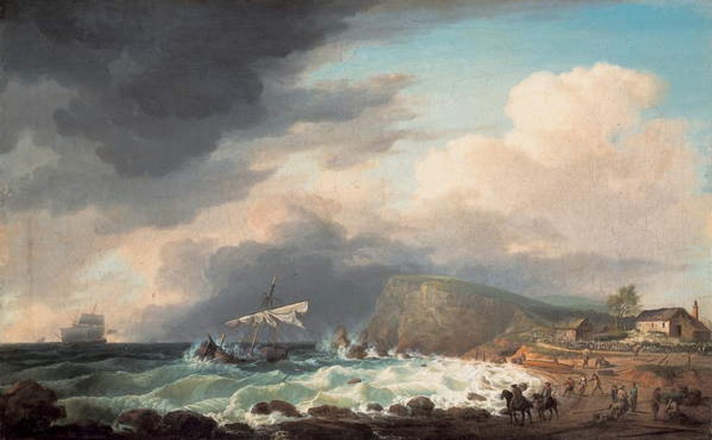 Detail of A shipwreck off a coast with survivors and rescuers on a beach by Dominic Serres