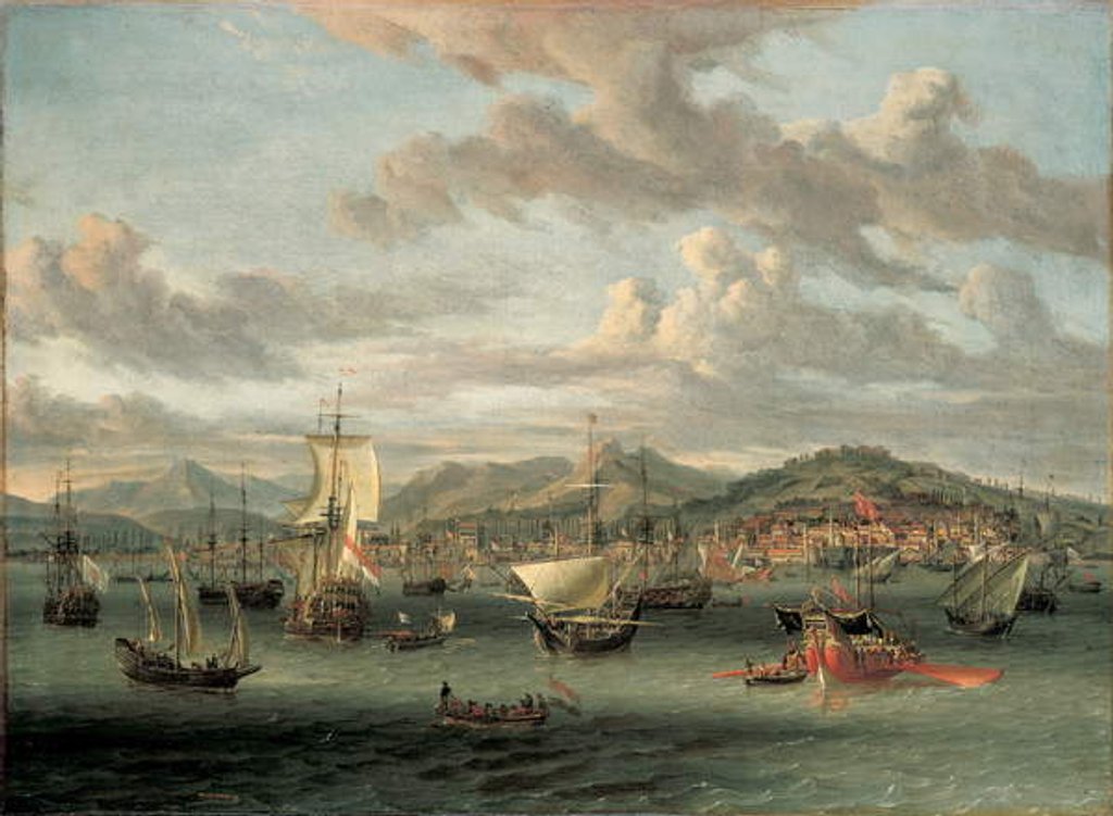 Detail of Dutch shipping off the Bay of Smyrna with a state barge by Abraham Storck