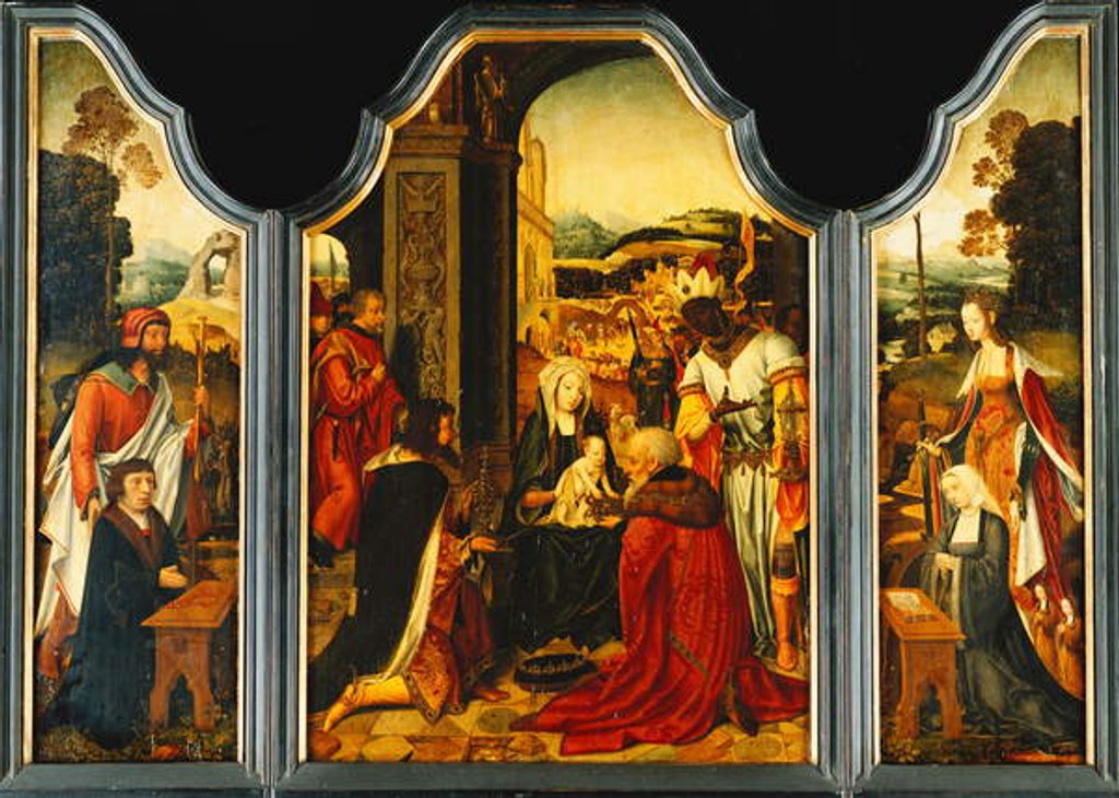 Detail of Triptych: Adoration of the Magi, with St. James presenting the donor and St. Catherine of Alexandria presenting the donor's wife and two daughters by Master of the Holy Blood