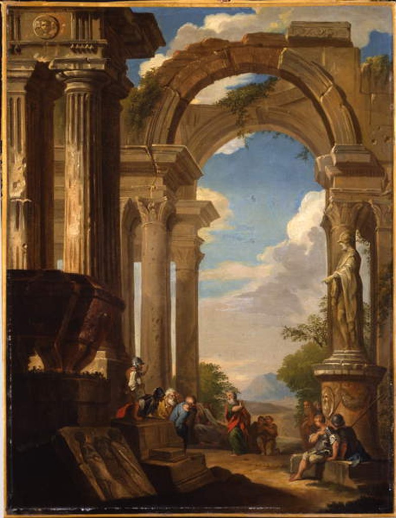 Detail of Capricci of Roman ruins with figures by Giovanni Paolo (circle of) Pannini or Panini